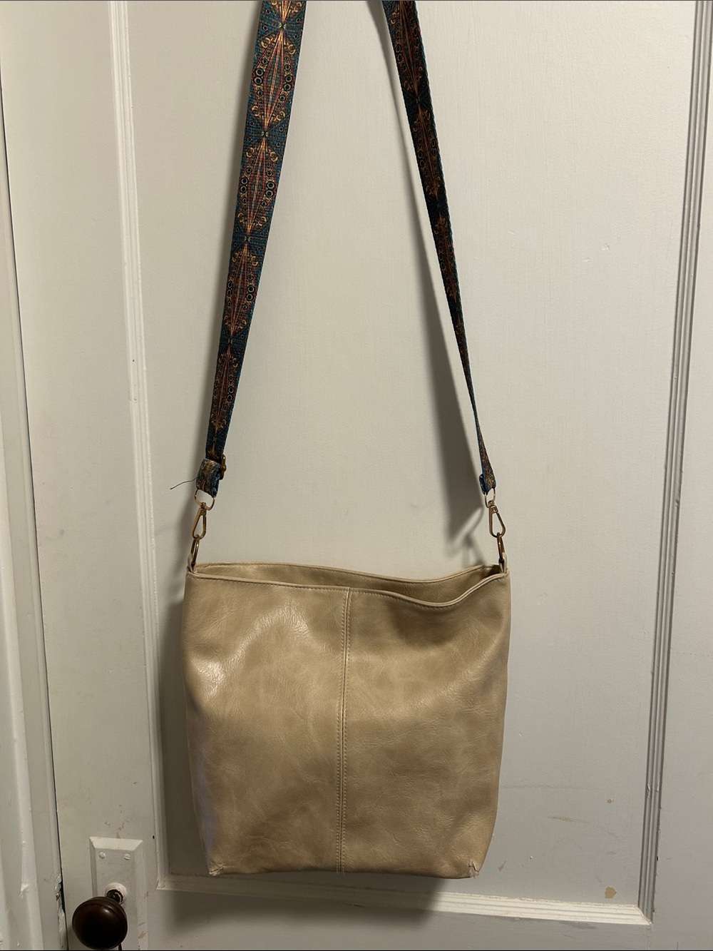 Classic Cream Leather Bag with Decorative Satiny Strap